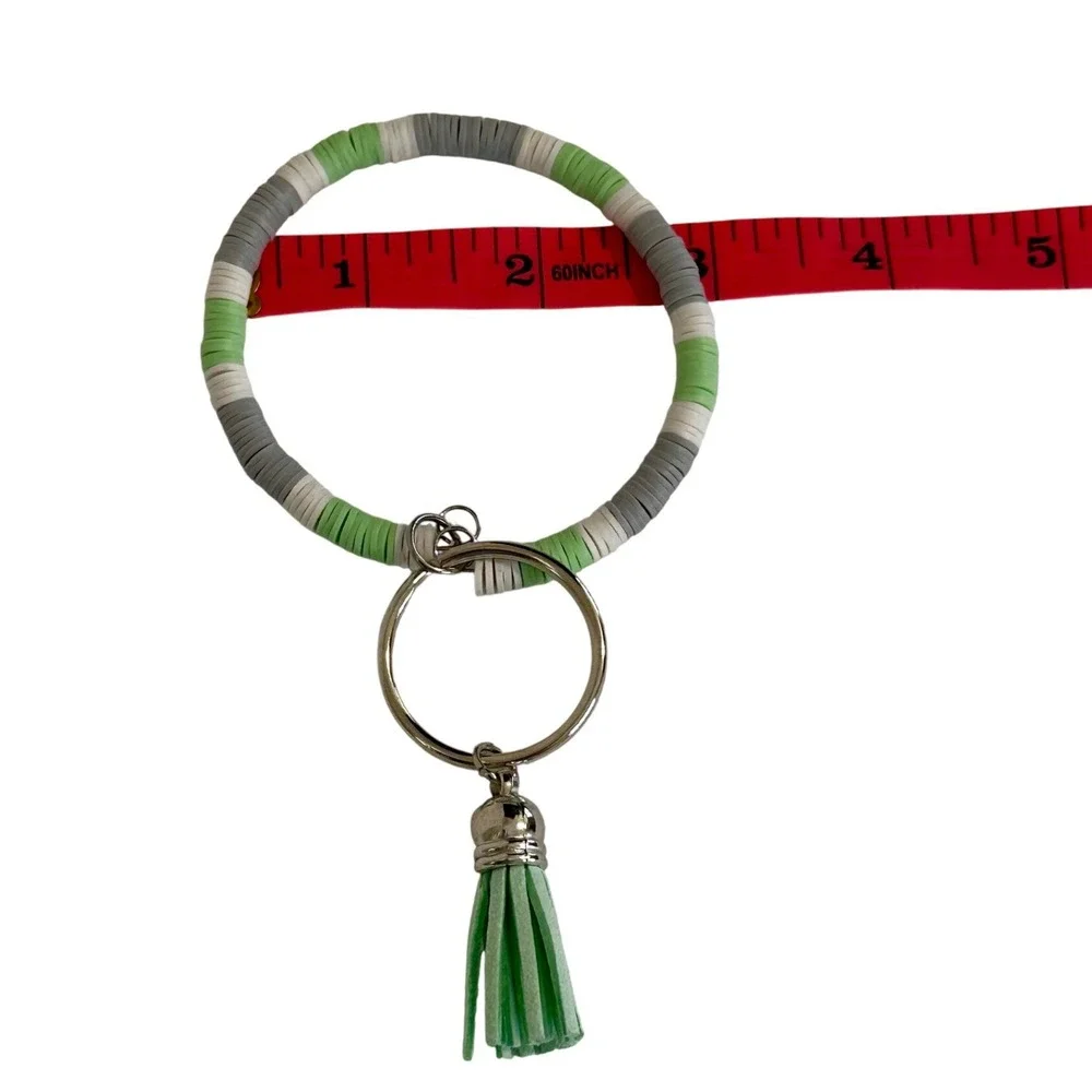 Handmade Silicone Bead Wristlet Keychain Green White Grey Tassel‎ Bangle Ring